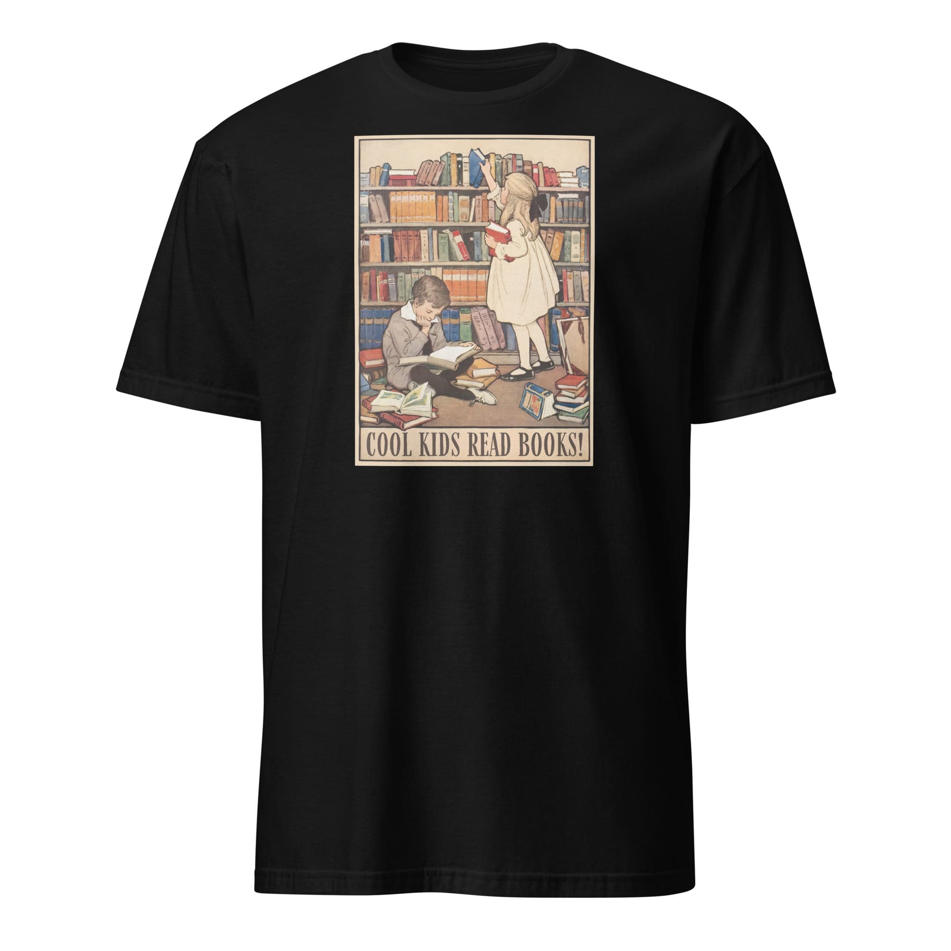 Black t-shirt with a graphic of children reading books and 'Cool Kids Read Books!' text on a white background.