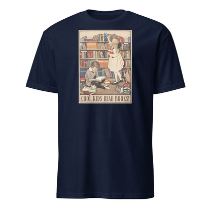 Navy blue t-shirt with a graphic of children reading books and 'Cool Kids Read Books!' text on a white background.