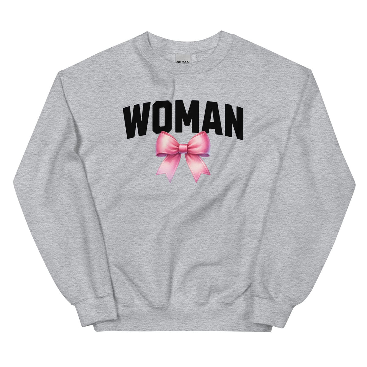 Gray mtf transgender sweatshirt with 'WOMAN' and a pink bow graphic on a white background