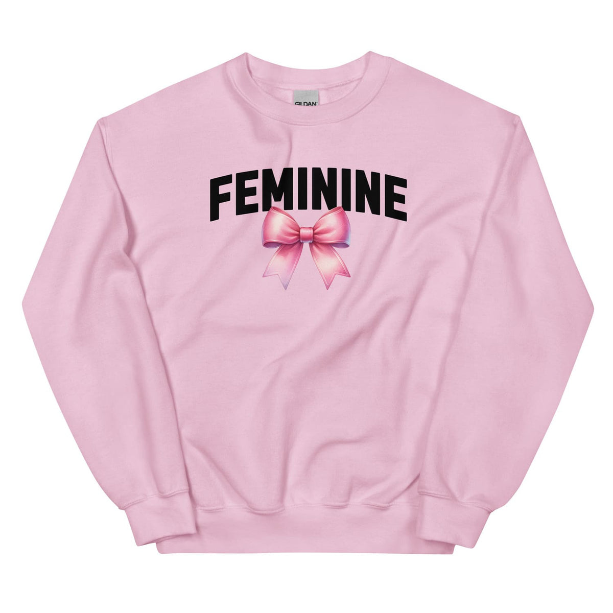 Pink sweatshirt with a pink bow and the word 'FEMININE' on a white background