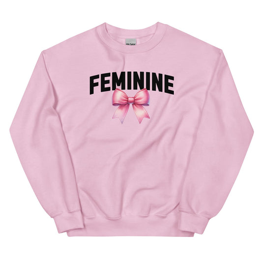 Pink sweatshirt with a pink bow and the word 'FEMININE' on a white background