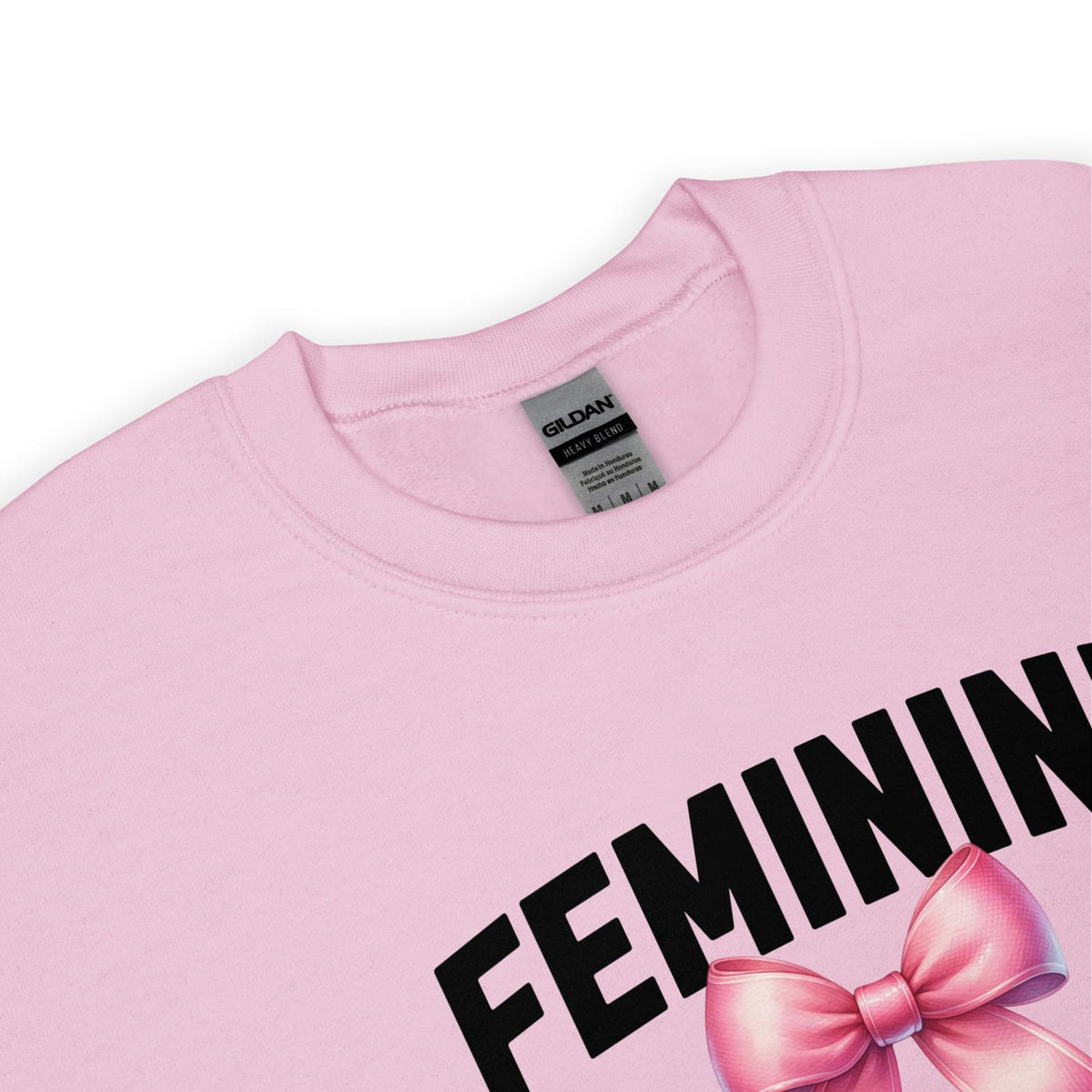 Pink sweatshirt with 'FEMININE' and a pink bow, Gildan label visible.