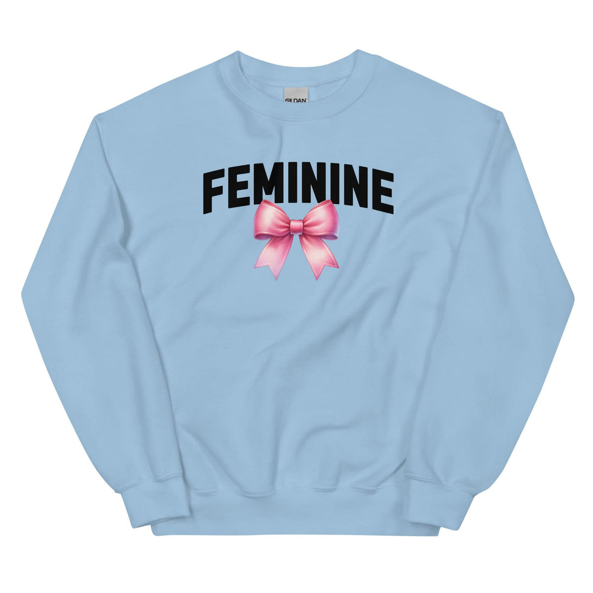 Light blue sweatshirt with 'FEMININE' text and pink bow on a white background