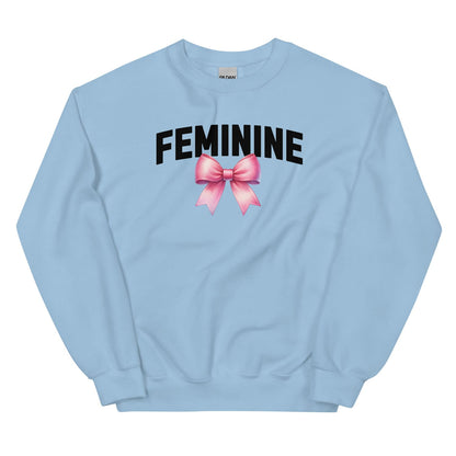 Light blue sweatshirt with 'FEMININE' text and pink bow on a white background