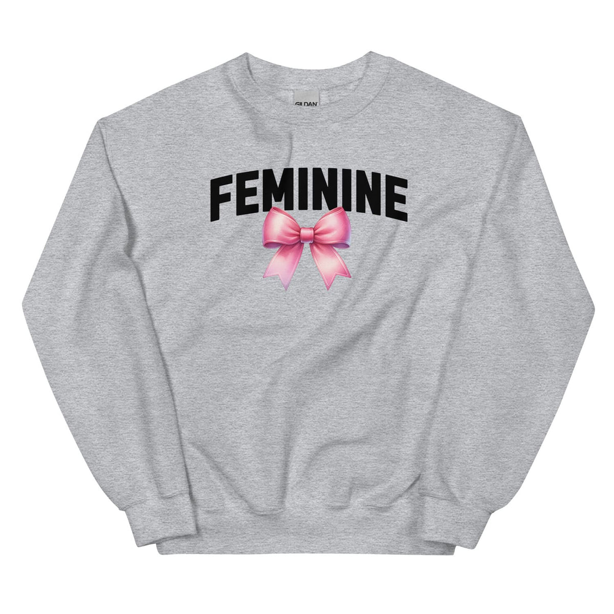 Gray sweatshirt with 'FEMININE' text and pink bow on a white background