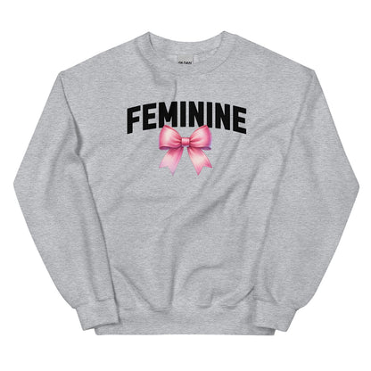 Gray sweatshirt with 'FEMININE' text and pink bow on a white background