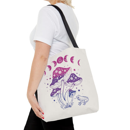 bisexual tote bag, goblincore mushrooms frog and moon phases bi pride bag, medium