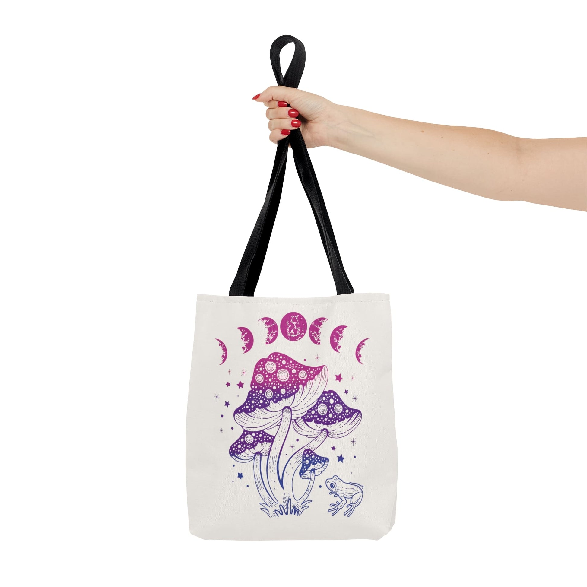 bisexual tote bag, goblincore mushrooms frog and moon phases bi pride bag, small