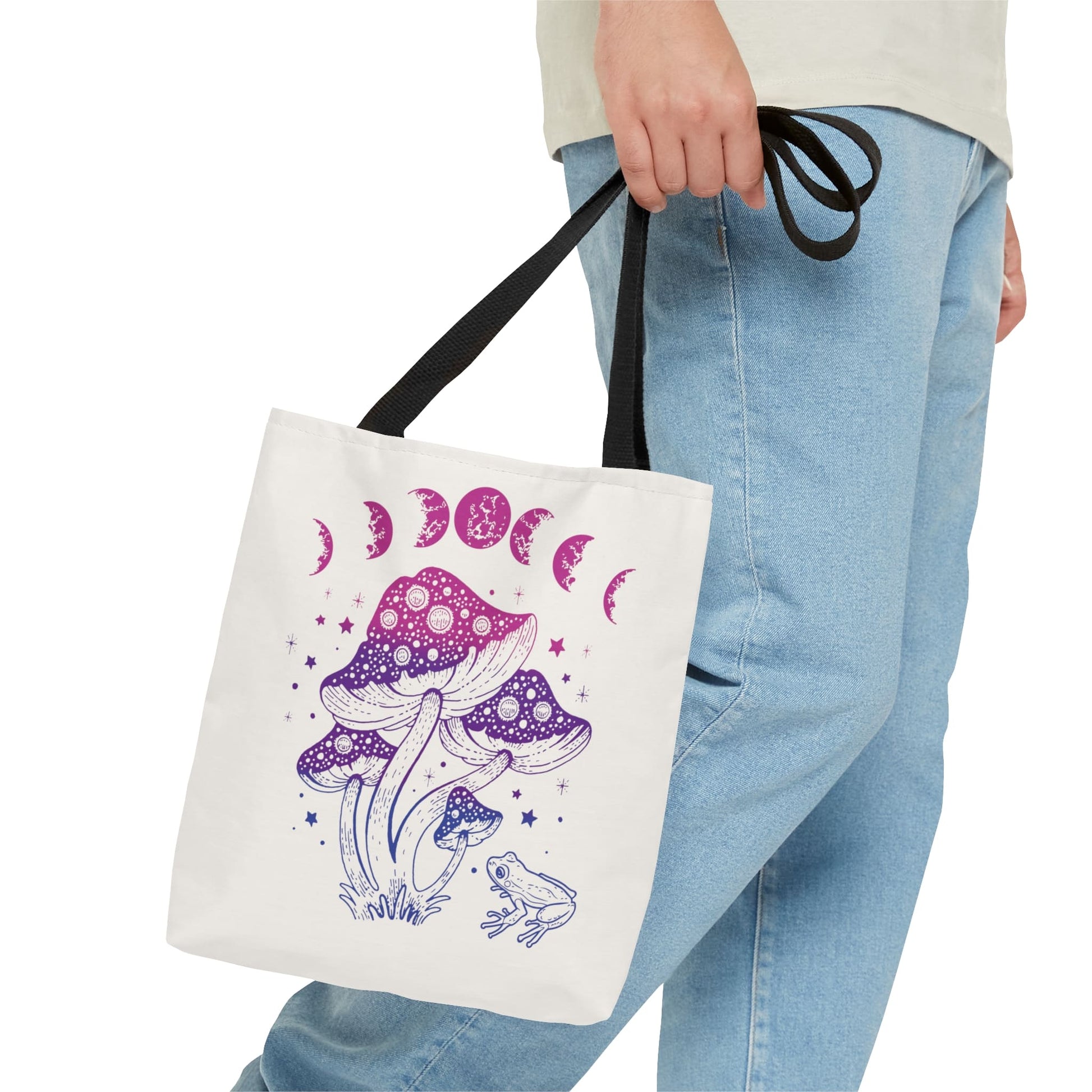 bisexual tote bag, goblincore mushrooms frog and moon phases bi pride bag, small