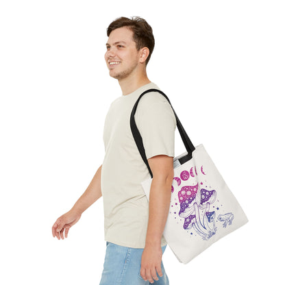 bisexual tote bag, goblincore mushrooms frog and moon phases bi pride bag, medium