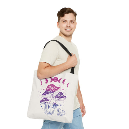 bisexual tote bag, goblincore mushrooms frog and moon phases bi pride bag, large