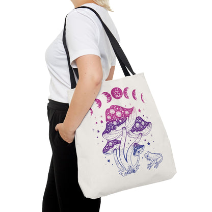 bisexual tote bag, goblincore mushrooms frog and moon phases bi pride bag, large