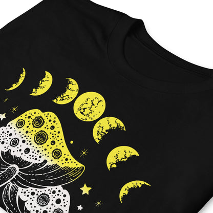 nonbinary shirt, cottagecore design with frog, mushrooms and moon phases, zoom