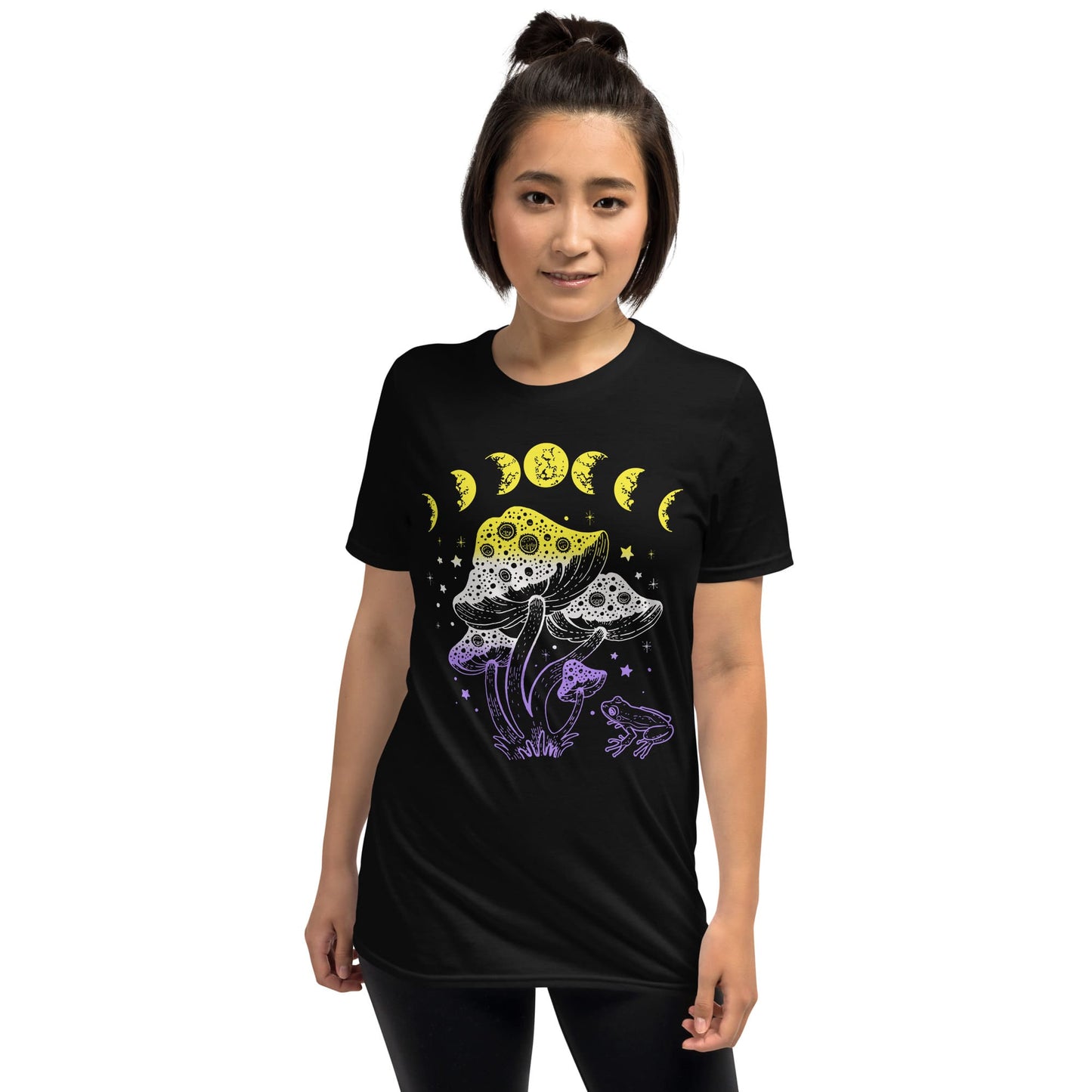 nonbinary tee shirt, cottagecore design with frog, mushrooms and moon phases, asian model