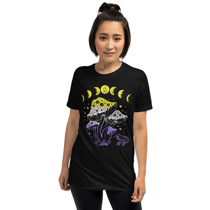nonbinary tee shirt, cottagecore design with frog, mushrooms and moon phases, asian model