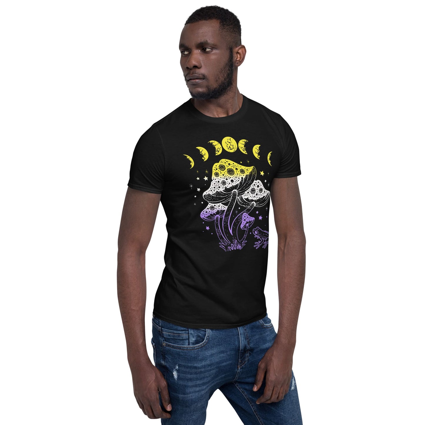 nonbinary shirt, cottagecore design with frog, mushrooms and moon phases, black model