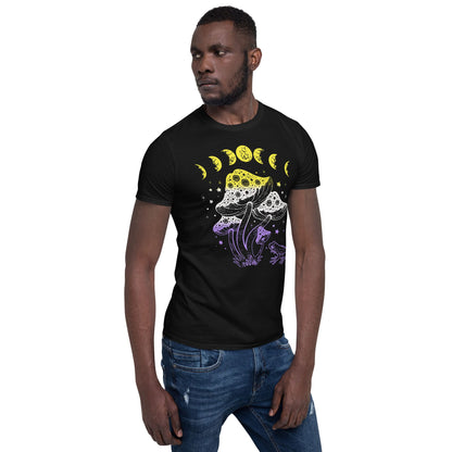 nonbinary shirt, cottagecore design with frog, mushrooms and moon phases, black model