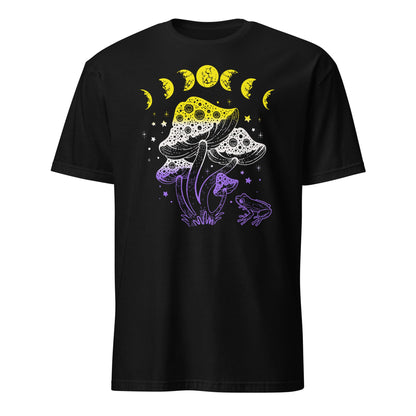 nonbinary shirt, cottagecore design with frog, mushrooms and moon phases, hang