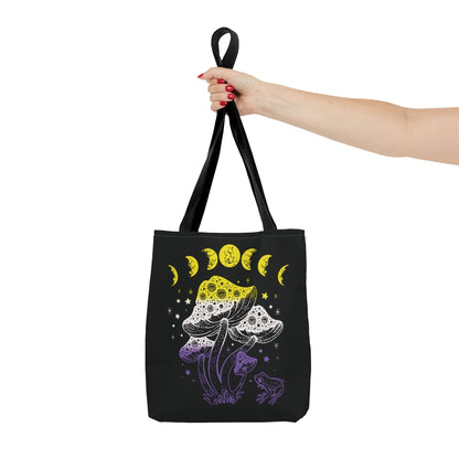 nonbinary tote bag, goblincore mushrooms frog and moon phases enby pride bag, small