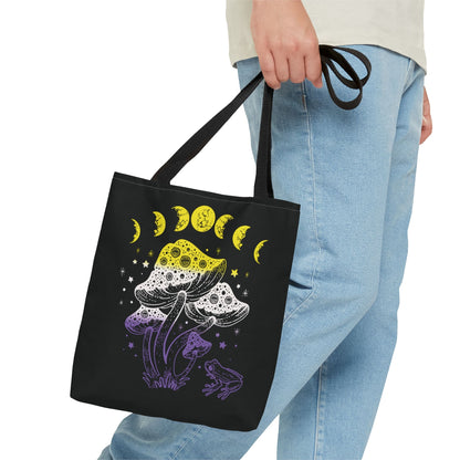 nonbinary tote bag, goblincore mushrooms frog and moon phases enby pride bag, small