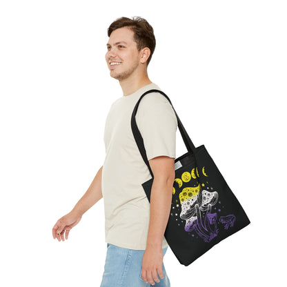 nonbinary tote bag, goblincore mushrooms frog and moon phases enby pride bag, medium