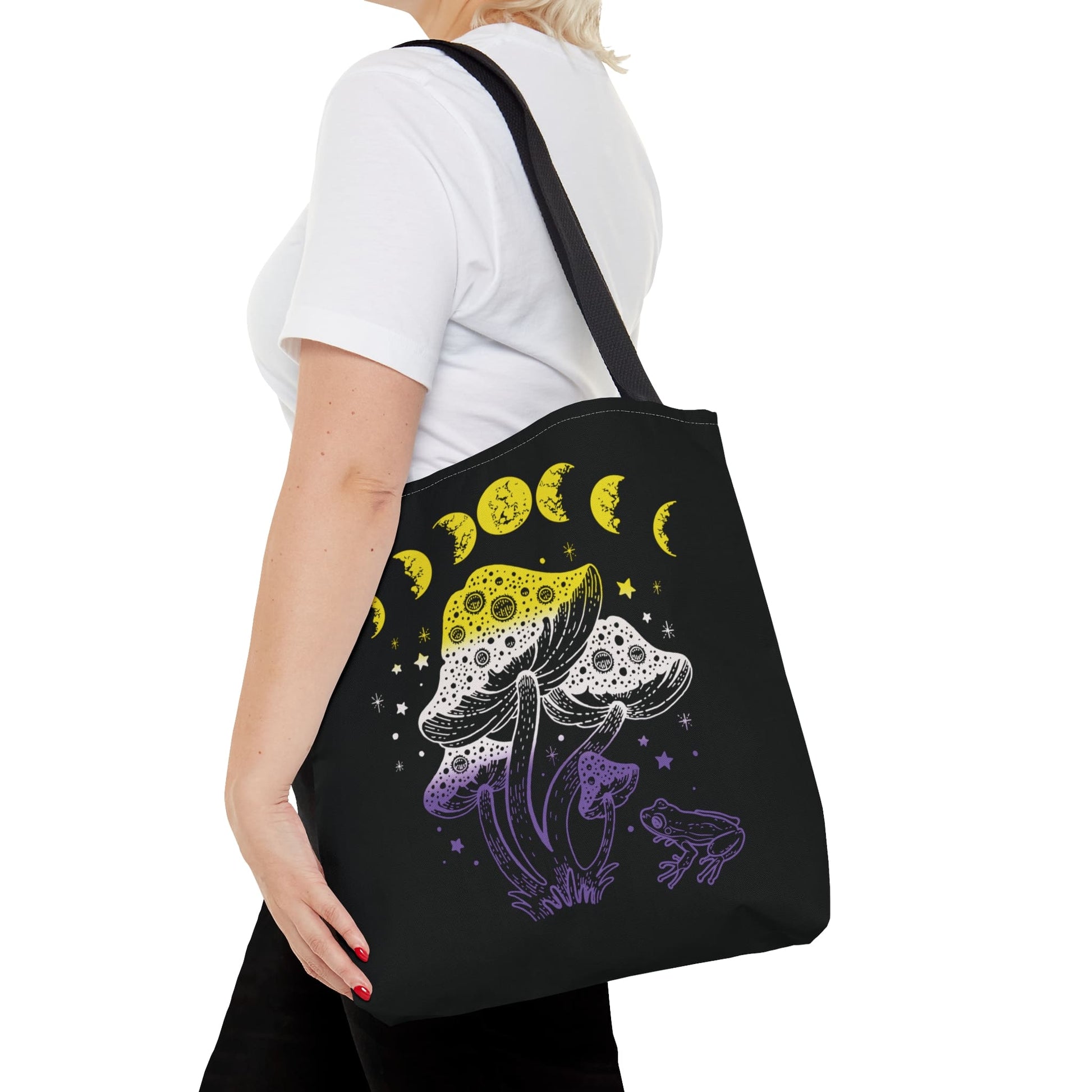 nonbinary tote bag, goblincore mushrooms frog and moon phases enby pride bag, medium