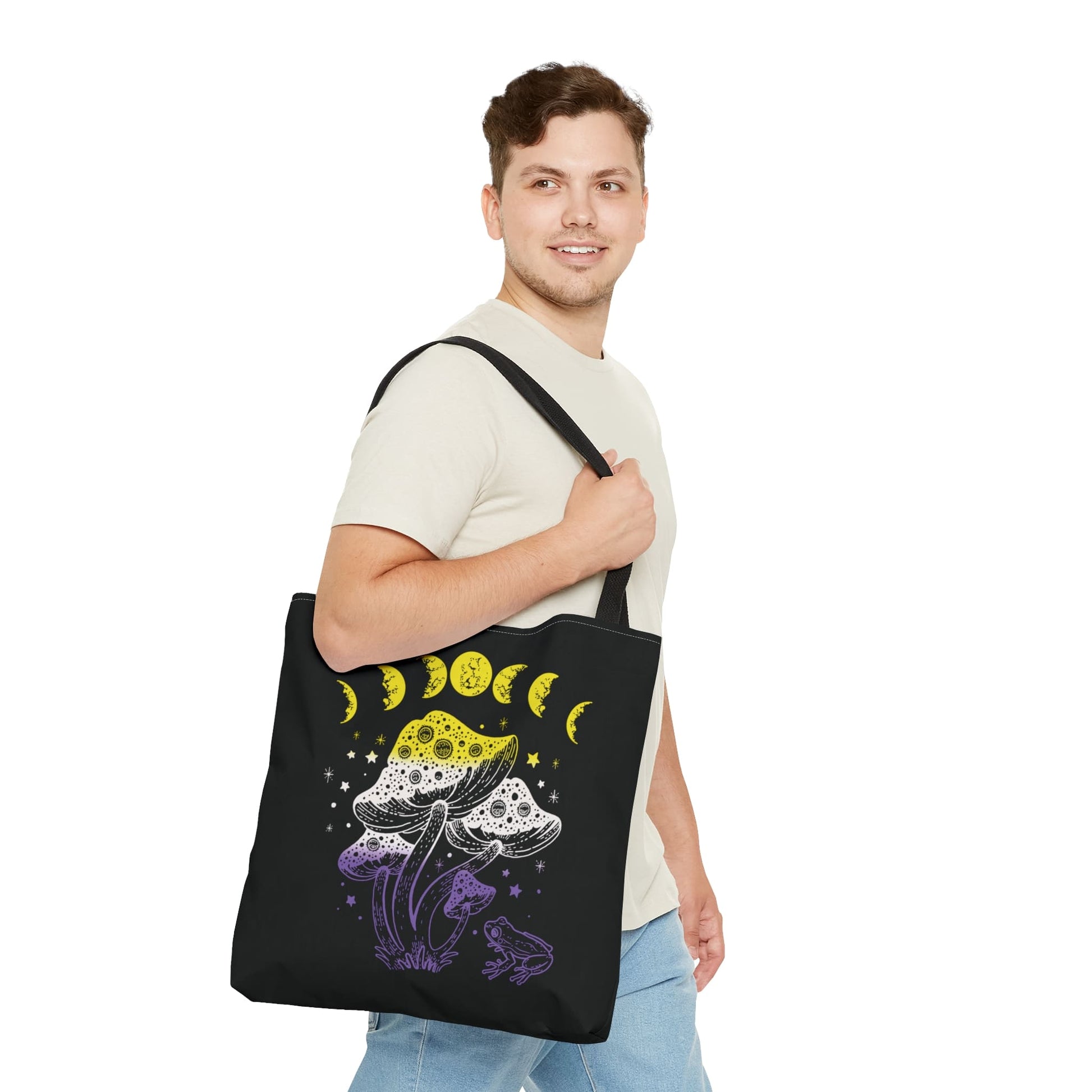 nonbinary tote bag, goblincore mushrooms frog and moon phases enby pride bag, large