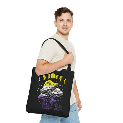 nonbinary tote bag, goblincore mushrooms frog and moon phases enby pride bag, large