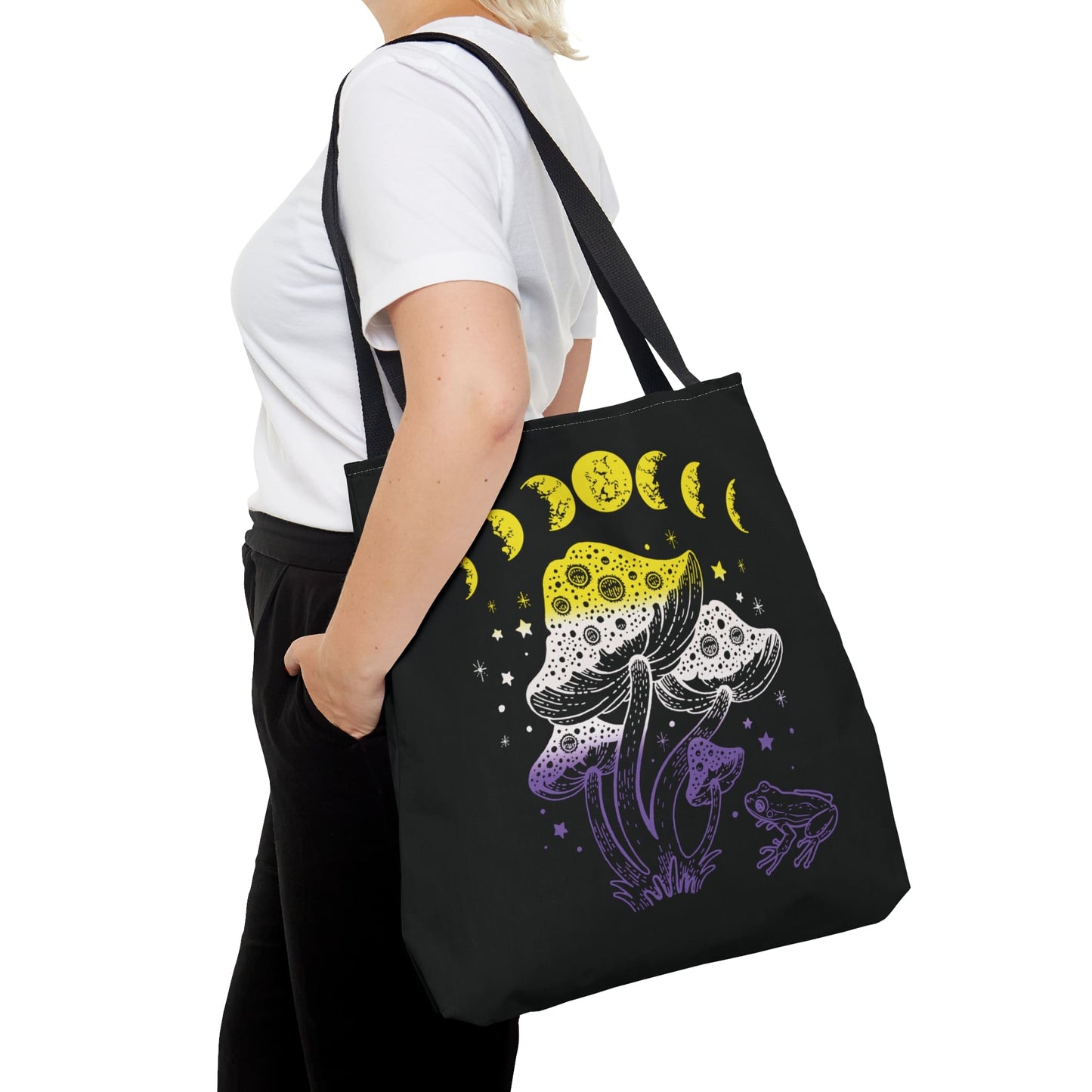 nonbinary tote bag, goblincore mushrooms frog and moon phases enby pride bag, large