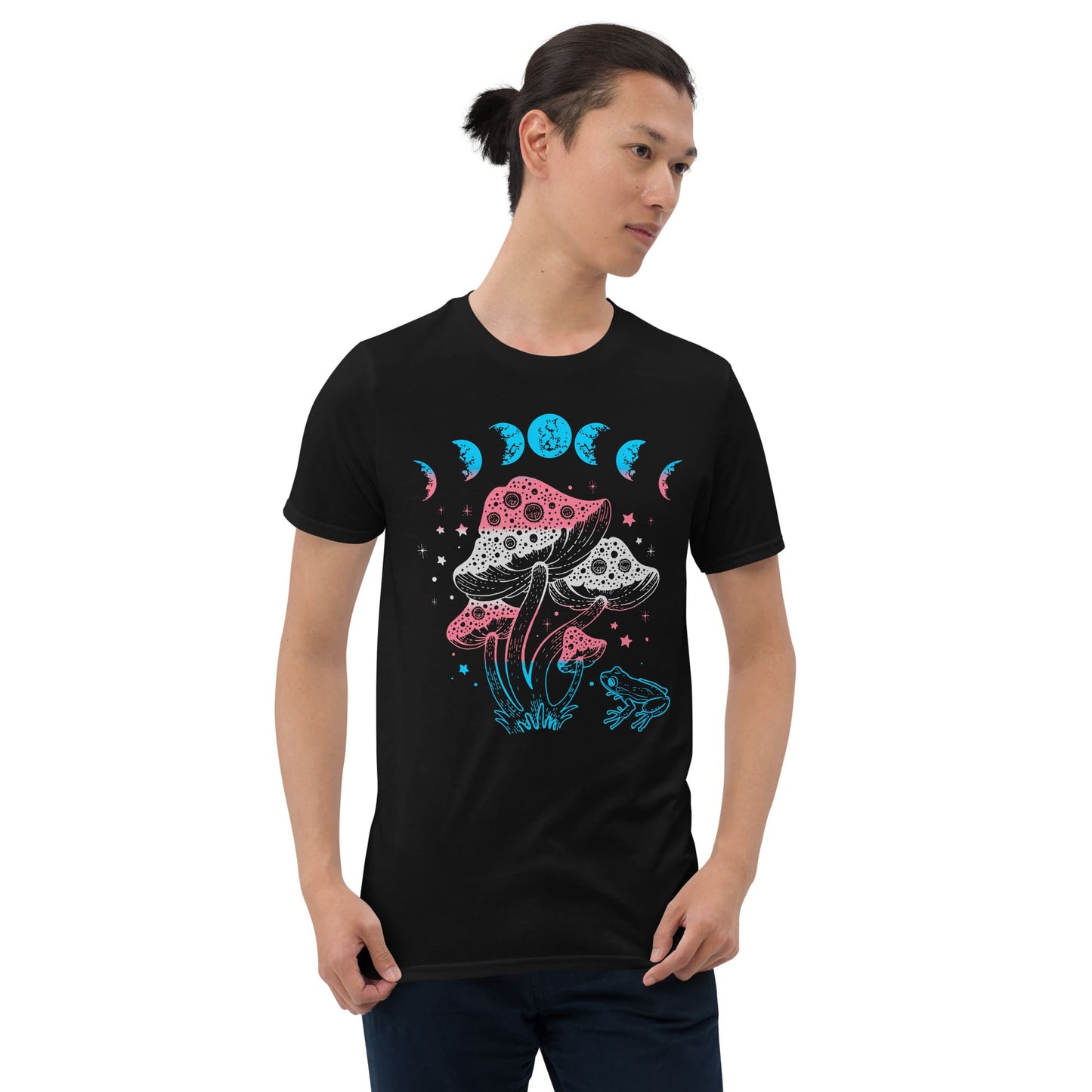 transgender shirt, cottagecore design with frog, mushrooms and moon phases, model 1