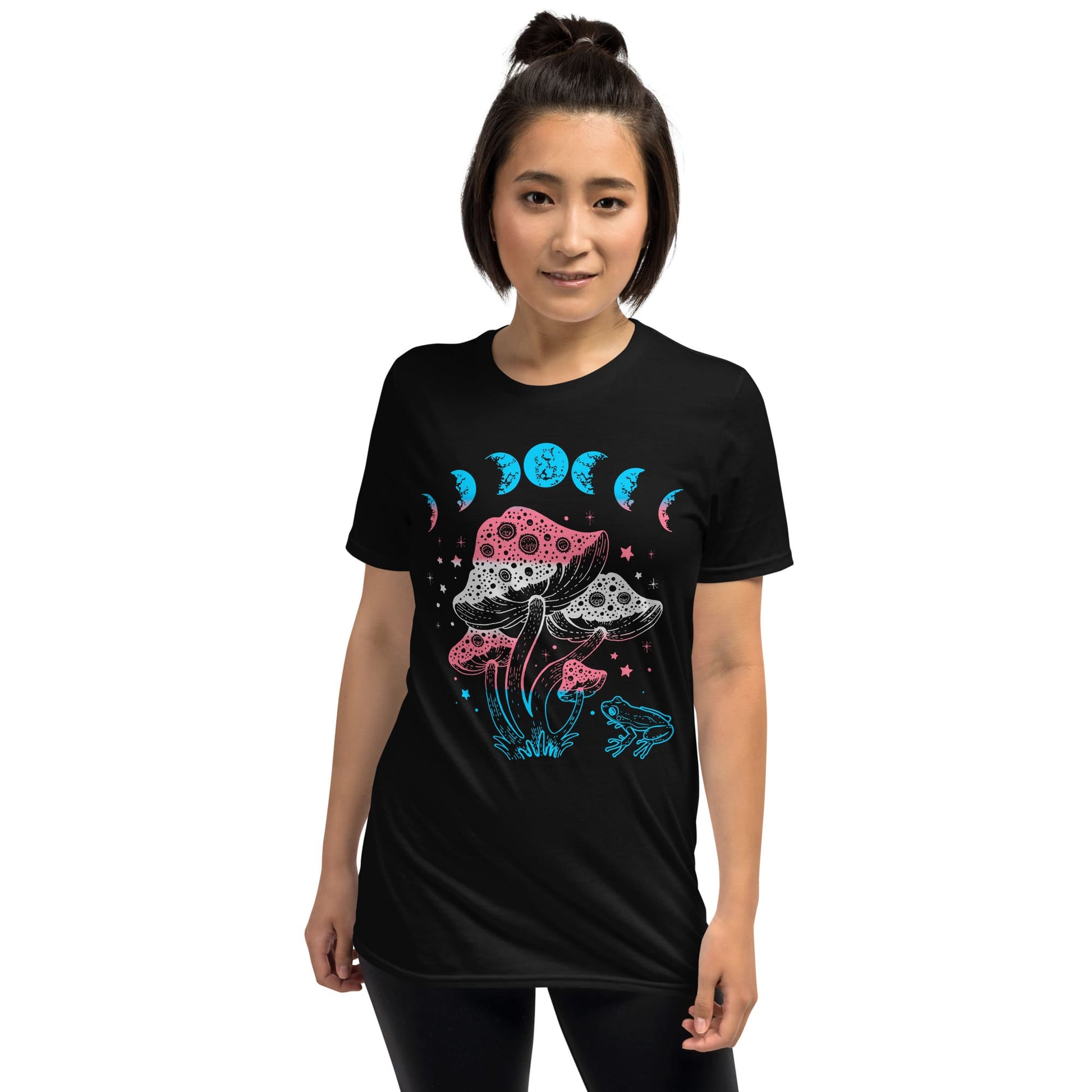 transgender shirt, cottagecore design with frog, mushrooms and moon phases, model 2