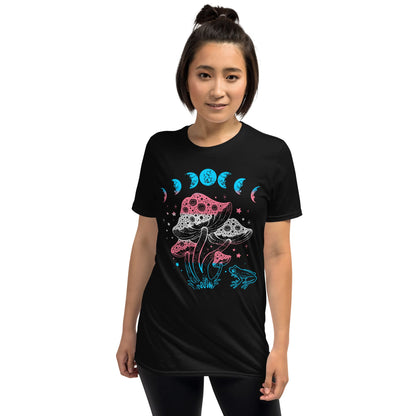 transgender shirt, cottagecore design with frog, mushrooms and moon phases, model 2