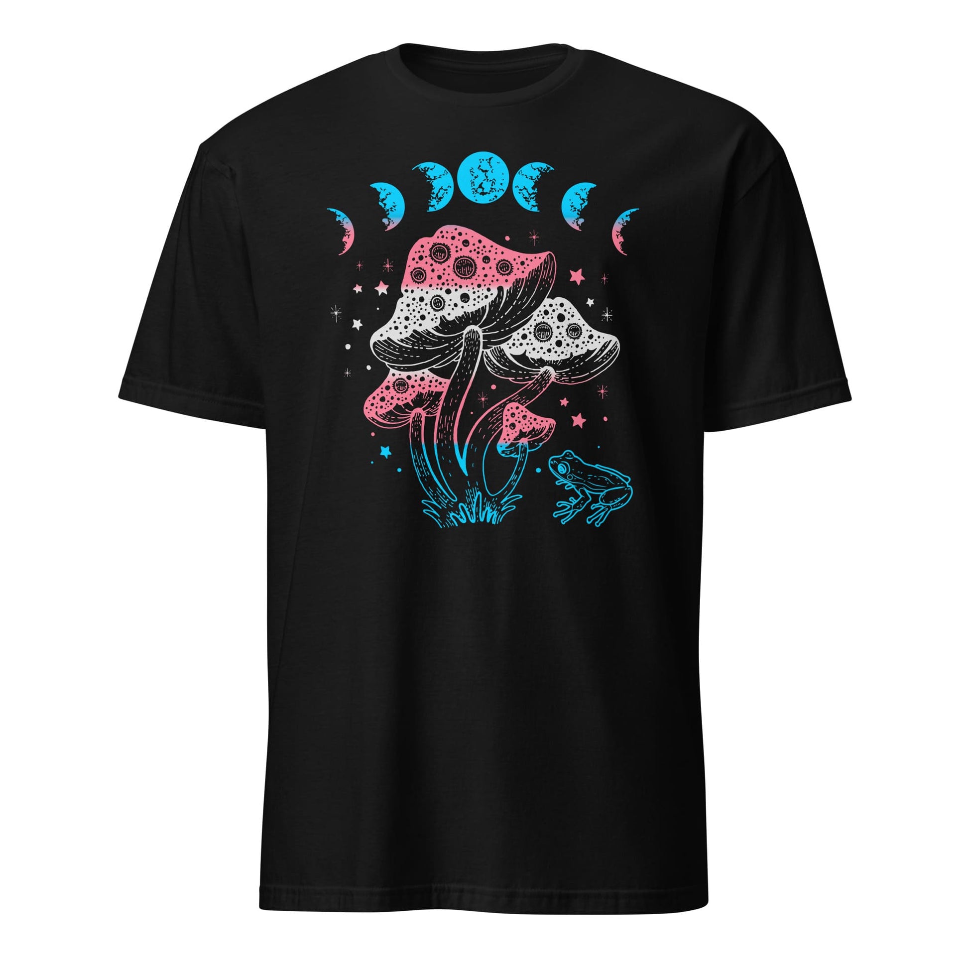 transgender shirt, cottagecore design with frog, mushrooms and moon phases, hang