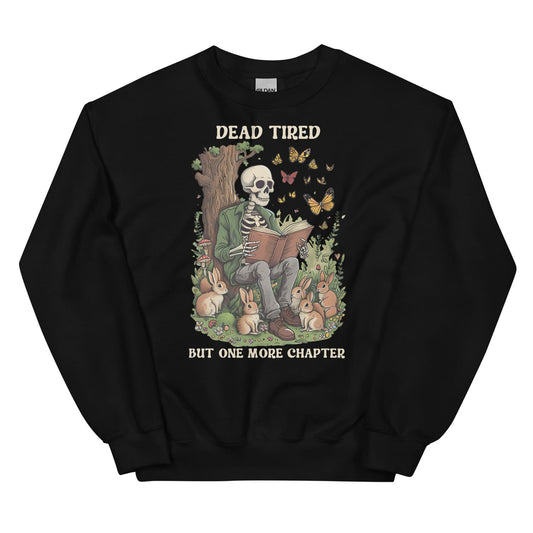Black sweatshirt with a skeleton reading a book design on a white background