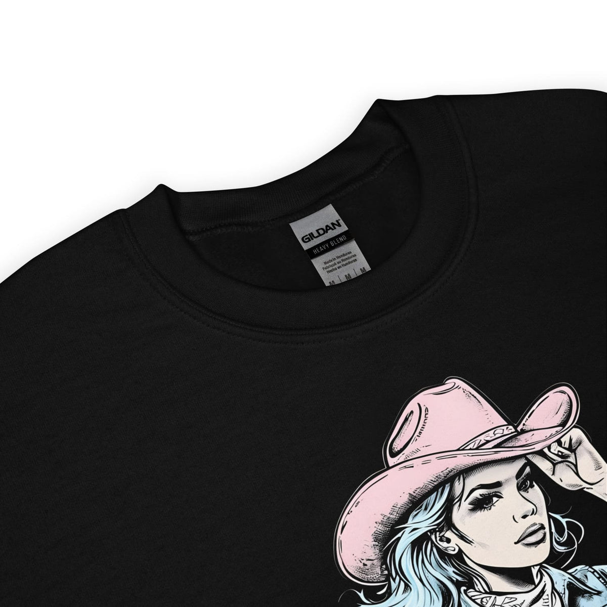 Black transgender mtf sweatshirt detail  with a graphic of a woman wearing a pink cowboy hat on a white background