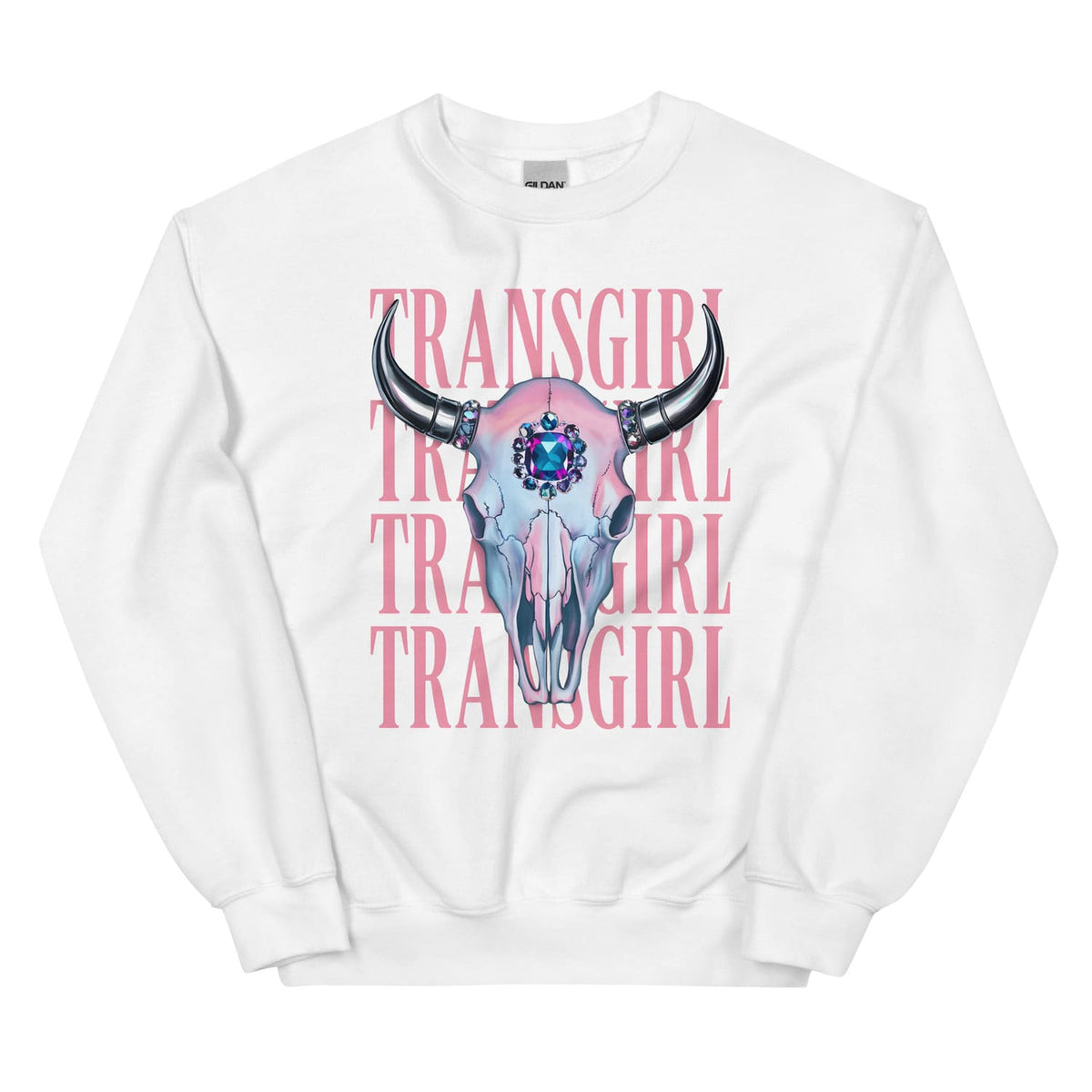 White transgender MTF sweatshirt with a bull skull design and 'TRANSGIRL' text on a white background
