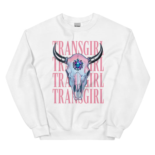 White transgender MTF sweatshirt with a bull skull design and 'TRANSGIRL' text on a white background