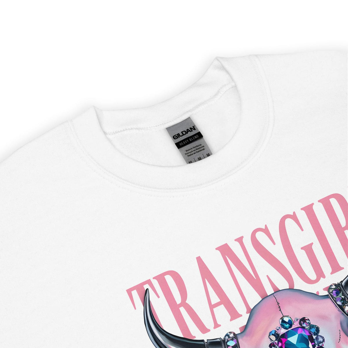 mtf transgender swearshirt detail with 'TRANSGIRL' text and decorative elements on a white background
