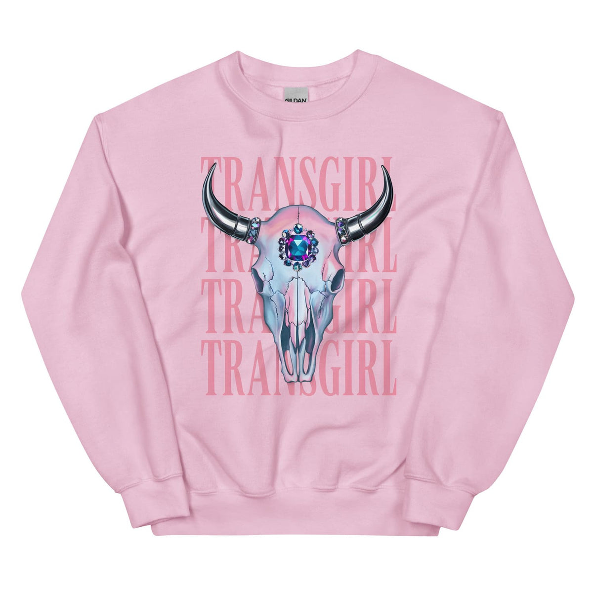 Pink transgender mtf sweatshirt with a graphic design of a skull and text on a white background