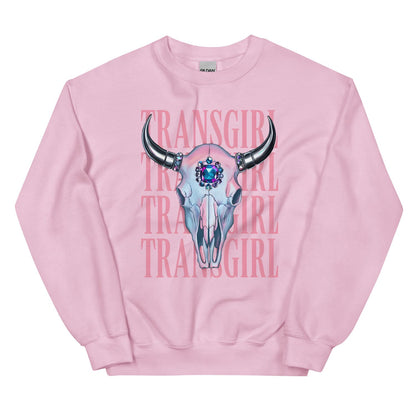 Pink transgender mtf sweatshirt with a graphic design of a skull and text on a white background