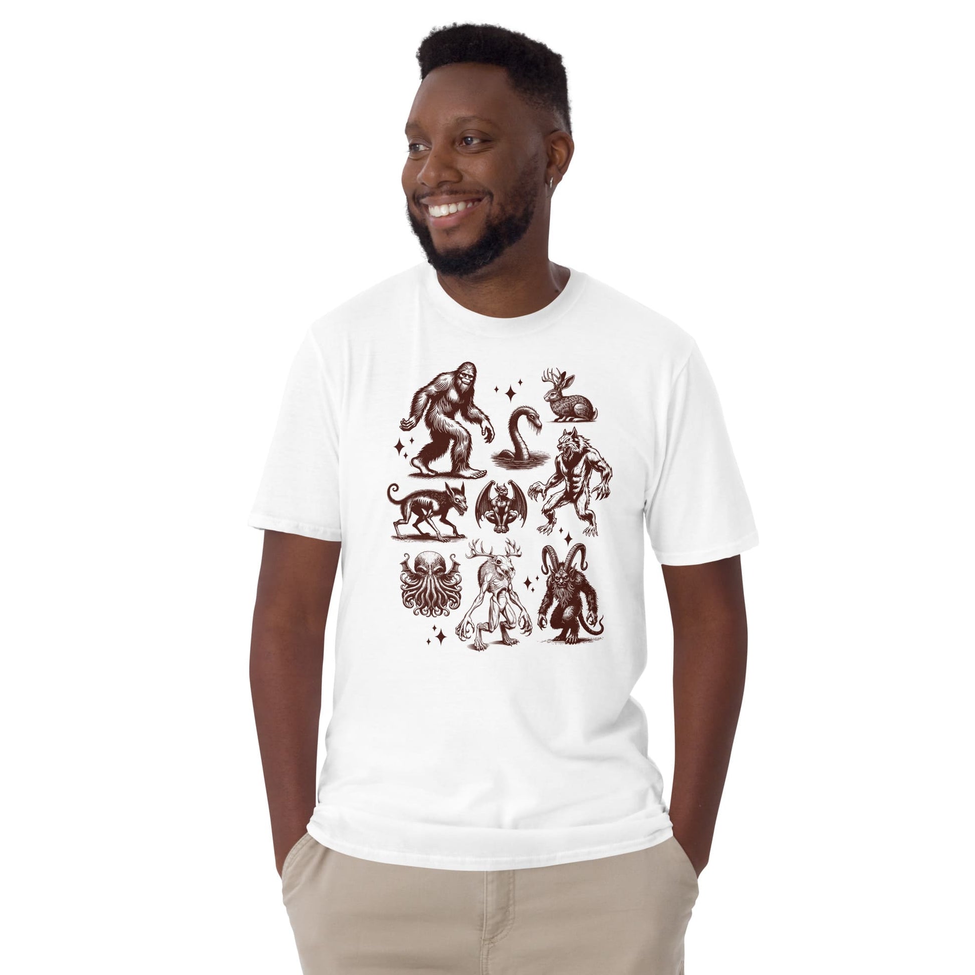 Man wearing a white t-shirt with brown graphic designs on a white background