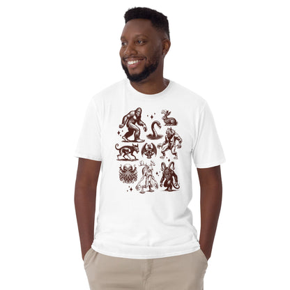 Man wearing a white t-shirt with brown graphic designs on a white background