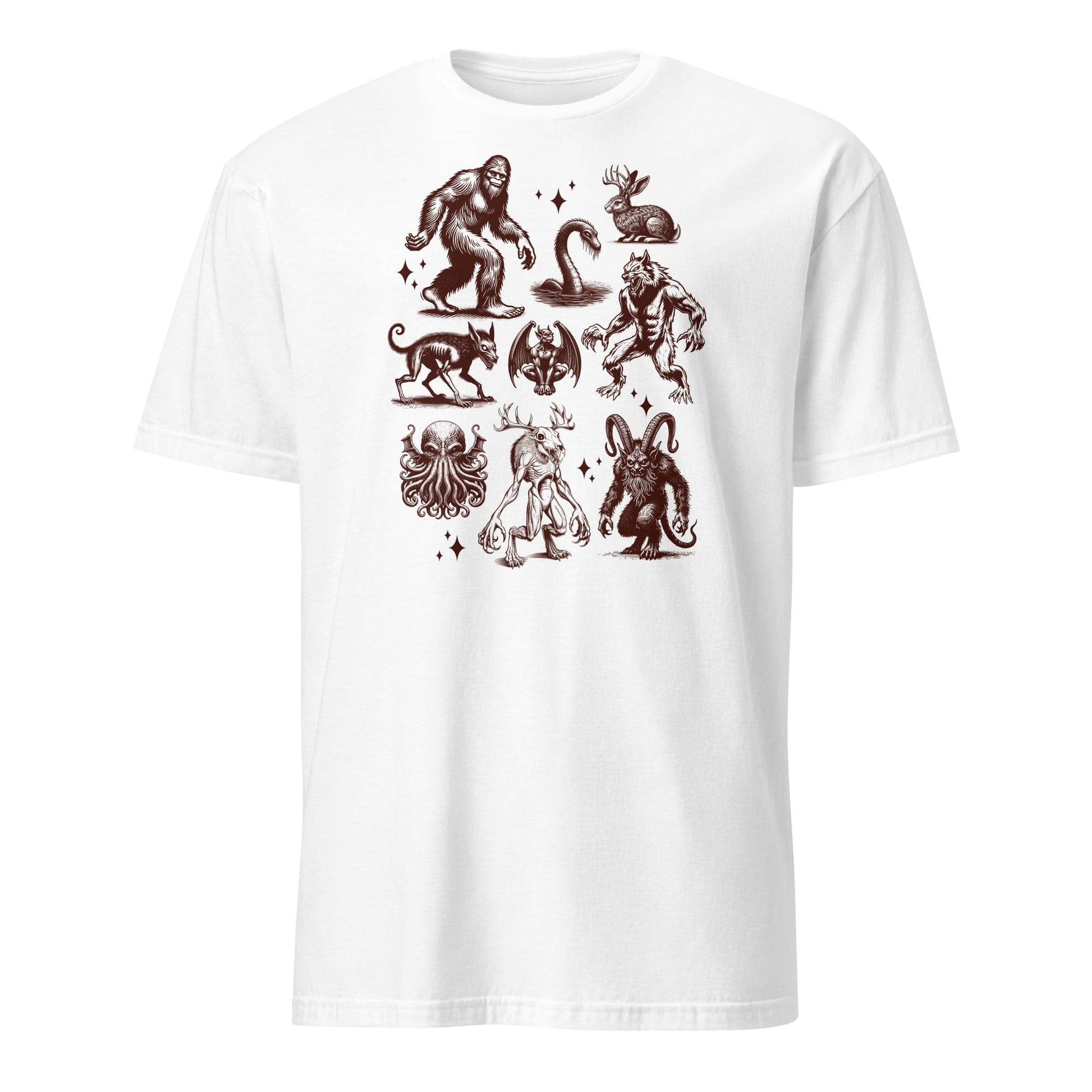White t-shirt Featuring various mythical creatures like loch ness, wendigo, jackalope, jersey devil, krampus, bigfoot, werewolf, chupacabra, cthulhu, and moreon a white background