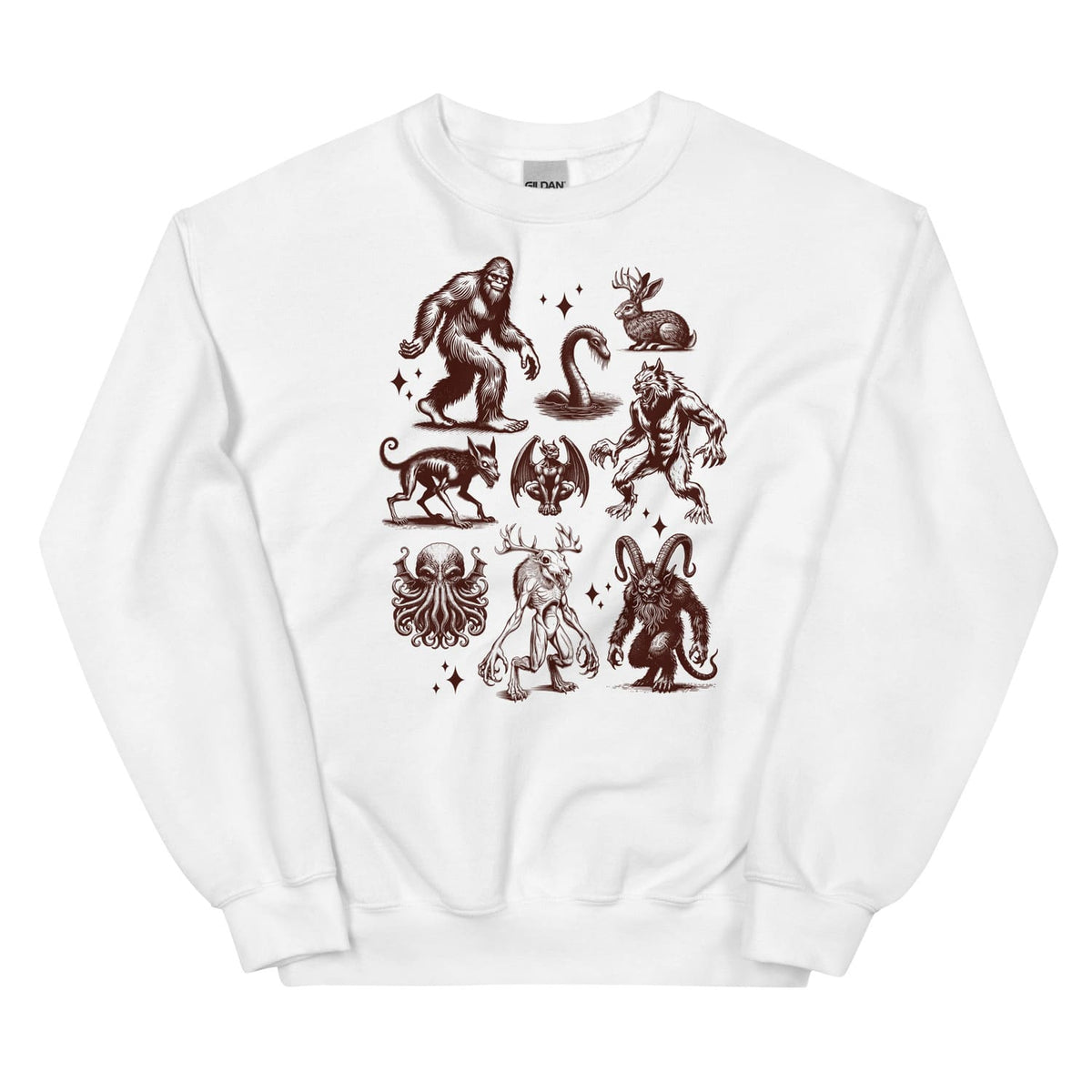 White sweatshirt with cryptids designs on a white background