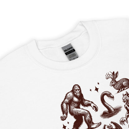 White sweatshirt with brown illustrations of a bigfoot  and other cryptids on a white background.