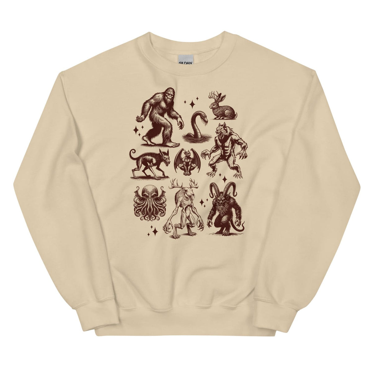 Beige sweatshirt with cryptids designs on a white background