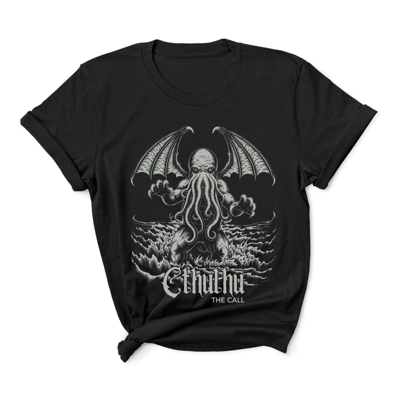 Black t-shirt with Cthulhu graphic design on a white background