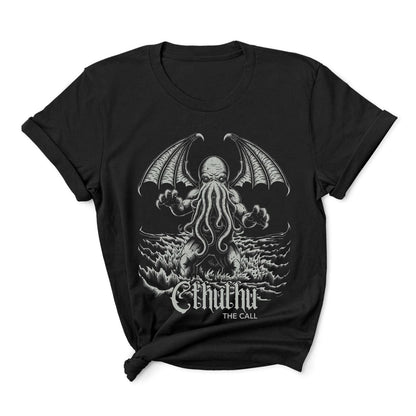 Black t-shirt with Cthulhu graphic design on a white background