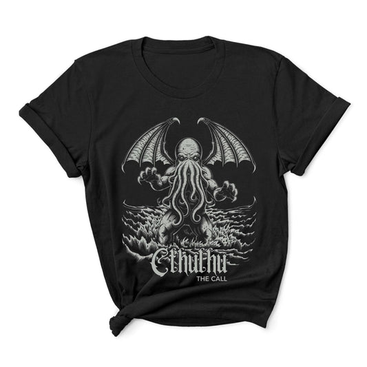 Black t-shirt with Cthulhu graphic design on a white background
