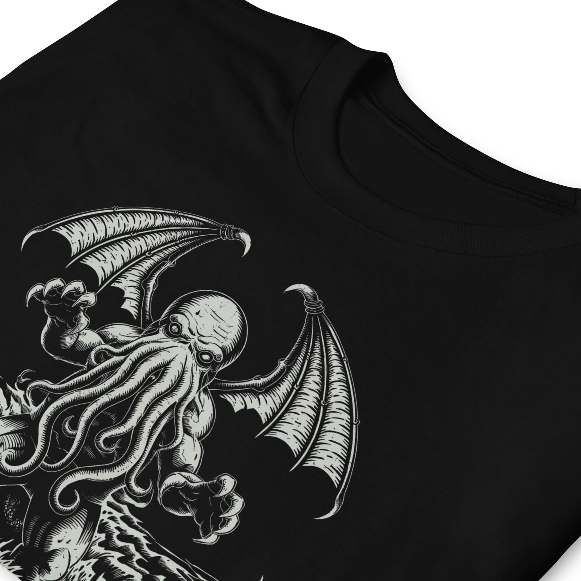 Black t-shirt with a detailed cthulhu design on a plain background